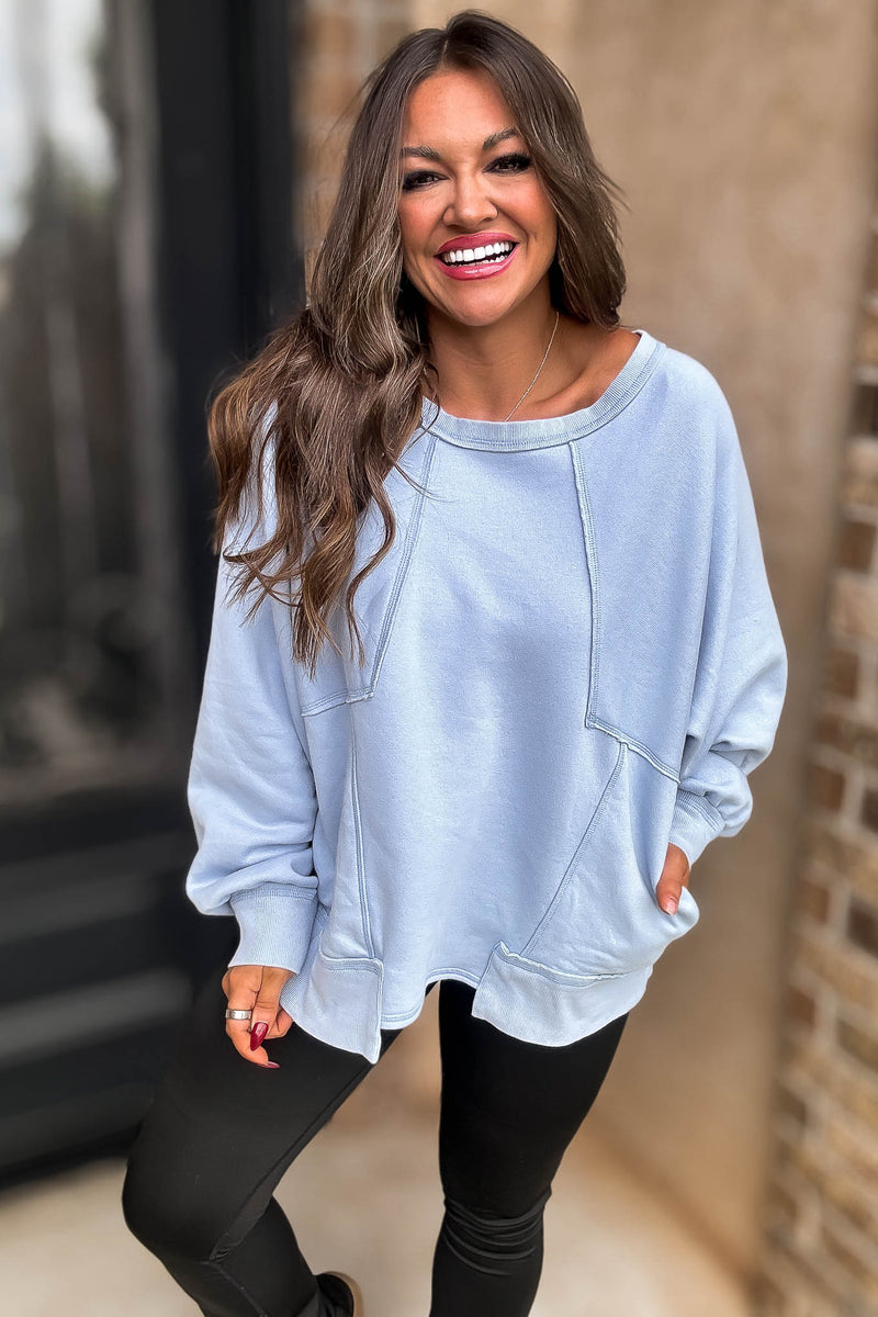 Oversized Blue Detail Patched Dolman Sleeve Sweatshirt