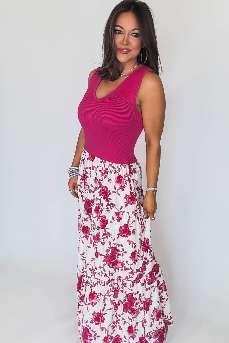 Fuchsia Print Sleeveless V-Neck Mixed Media Long Dress