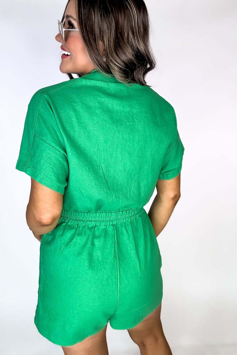 The Simple Life Kelly Green Linen Button Down Romper
