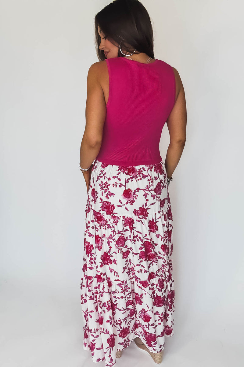 Fuchsia Print Sleeveless V-Neck Mixed Media Long Dress