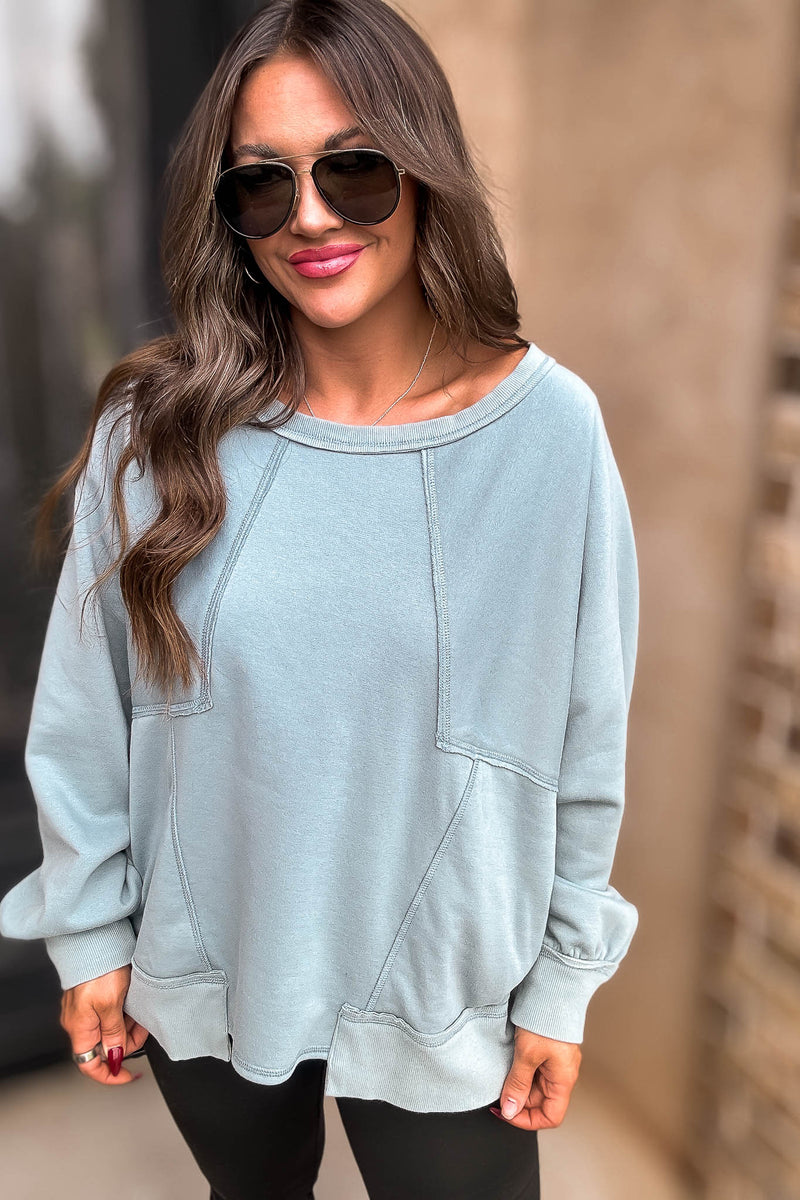 Oversized Green Detail Patched Dolman Sleeve Sweatshirt