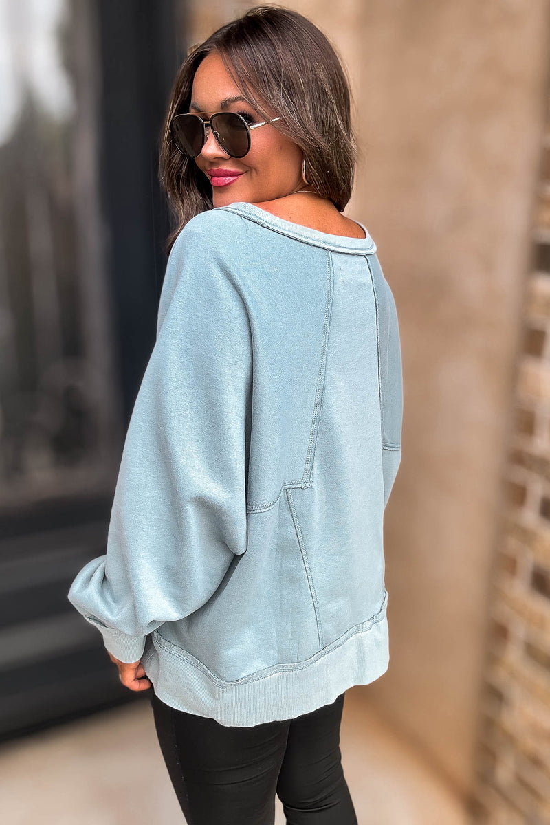 Oversized Green Detail Patched Dolman Sleeve Sweatshirt