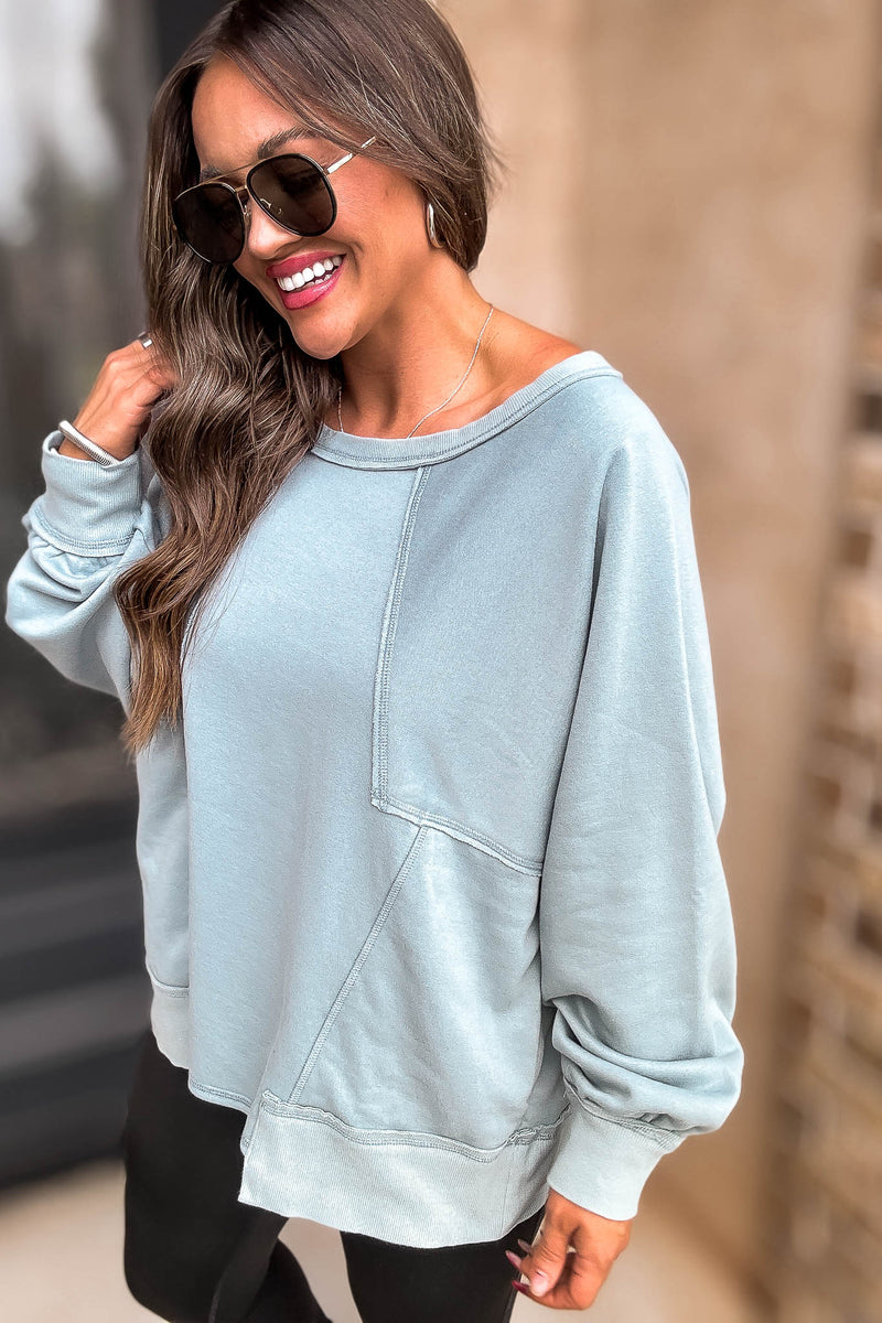 Oversized Green Detail Patched Dolman Sleeve Sweatshirt