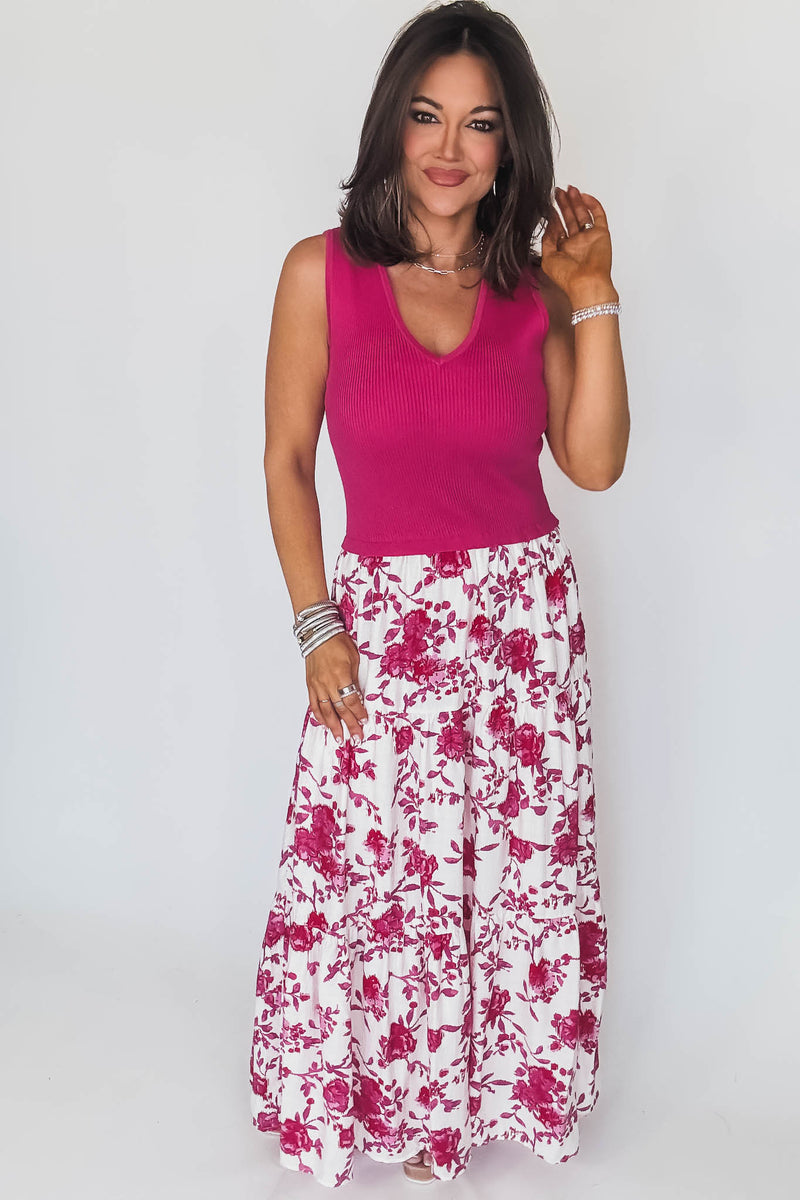 Fuchsia Print Sleeveless V-Neck Mixed Media Long Dress