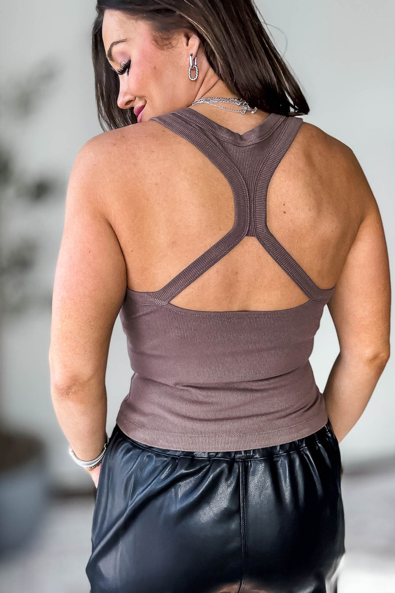 Cutout Keyhole Ribbed Racerback Java Tank Top