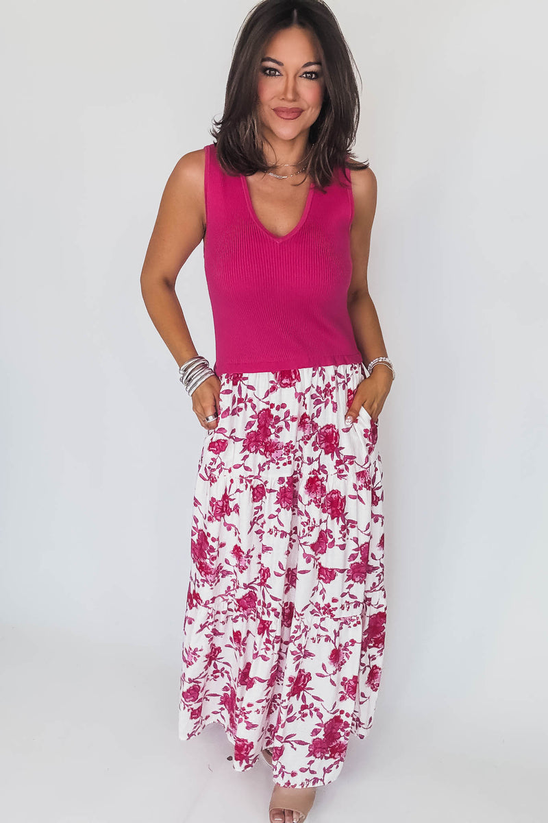 Fuchsia Print Sleeveless V-Neck Mixed Media Long Dress