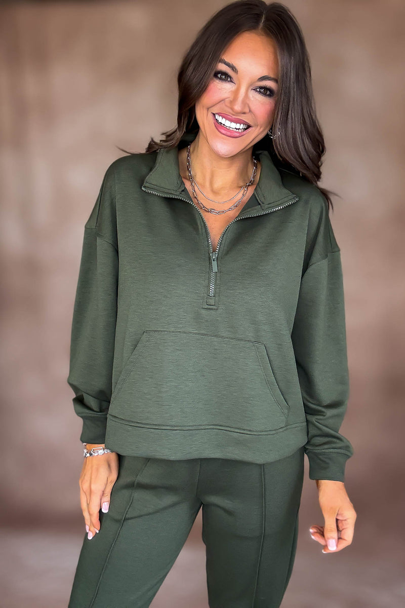 Easy Does It Dark Olive Scuba Half Zip Sweatshirt