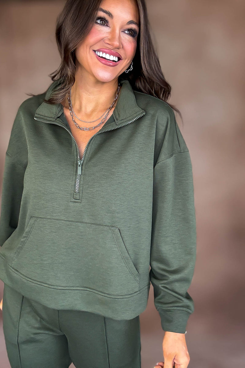 Easy Does It Dark Olive Scuba Half Zip Sweatshirt