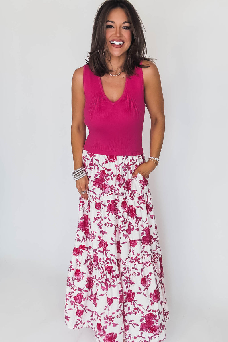 Fuchsia Print Sleeveless V-Neck Mixed Media Long Dress