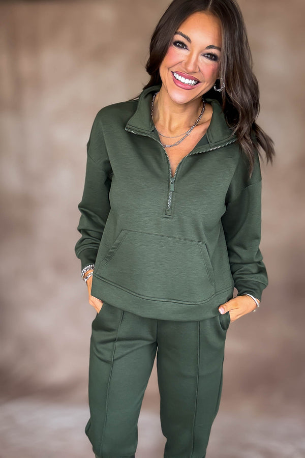 Easy Does It Dark Olive Scuba Half Zip Sweatshirt