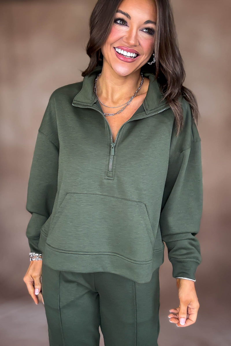 Easy Does It Dark Olive Scuba Half Zip Sweatshirt