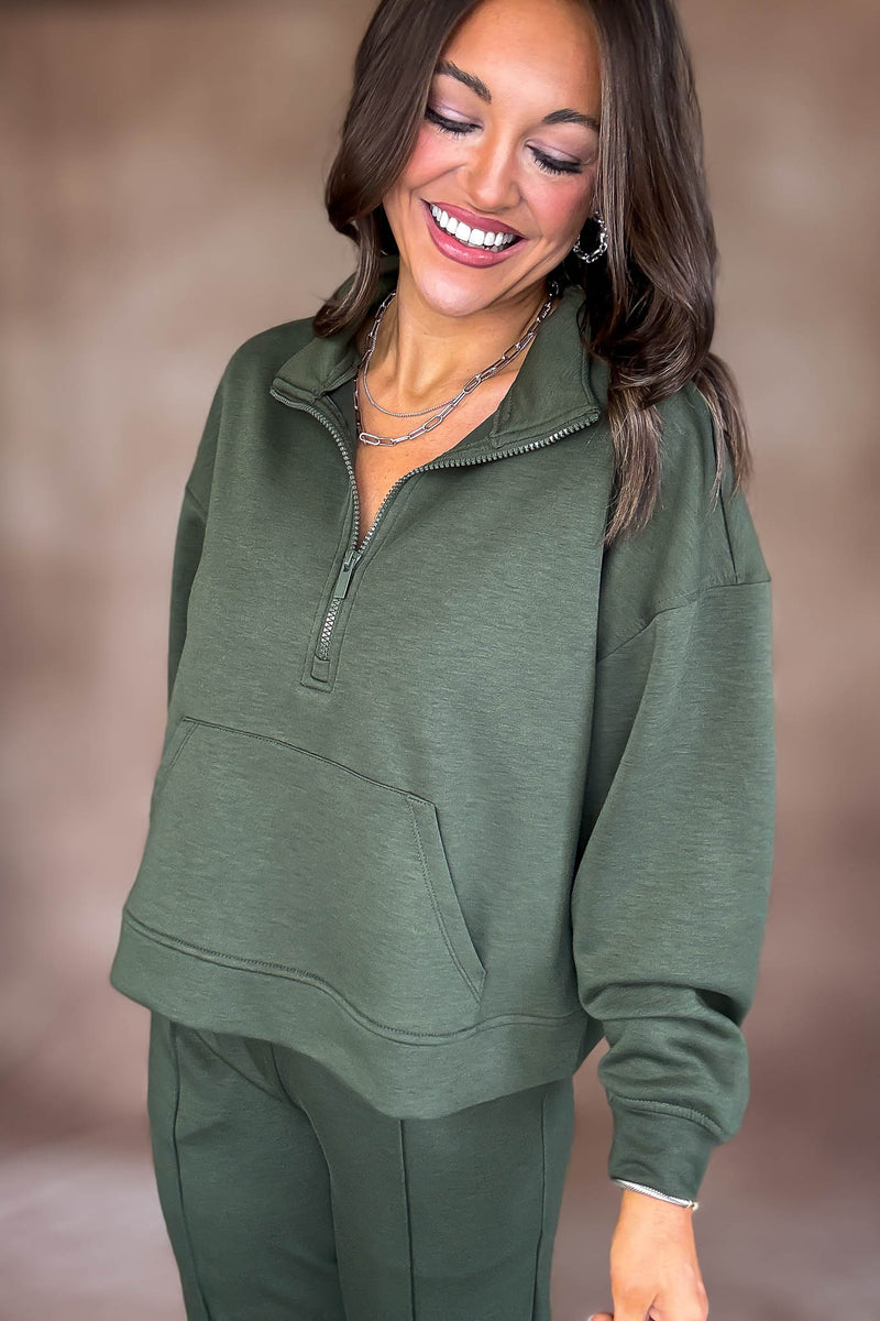 Easy Does It Dark Olive Scuba Half Zip Sweatshirt