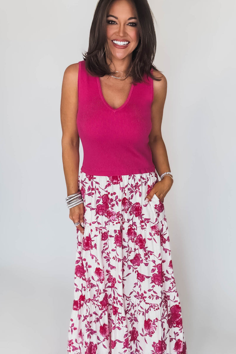 Fuchsia Print Sleeveless V-Neck Mixed Media Long Dress