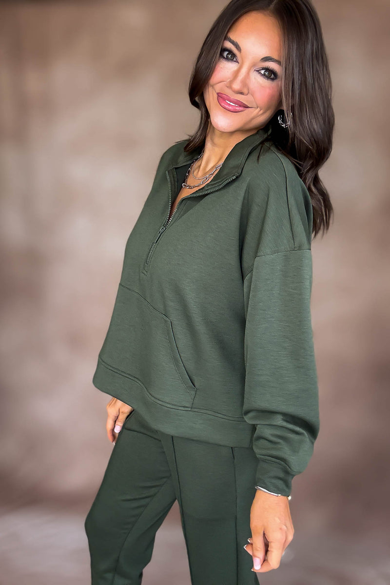Easy Does It Dark Olive Scuba Half Zip Sweatshirt