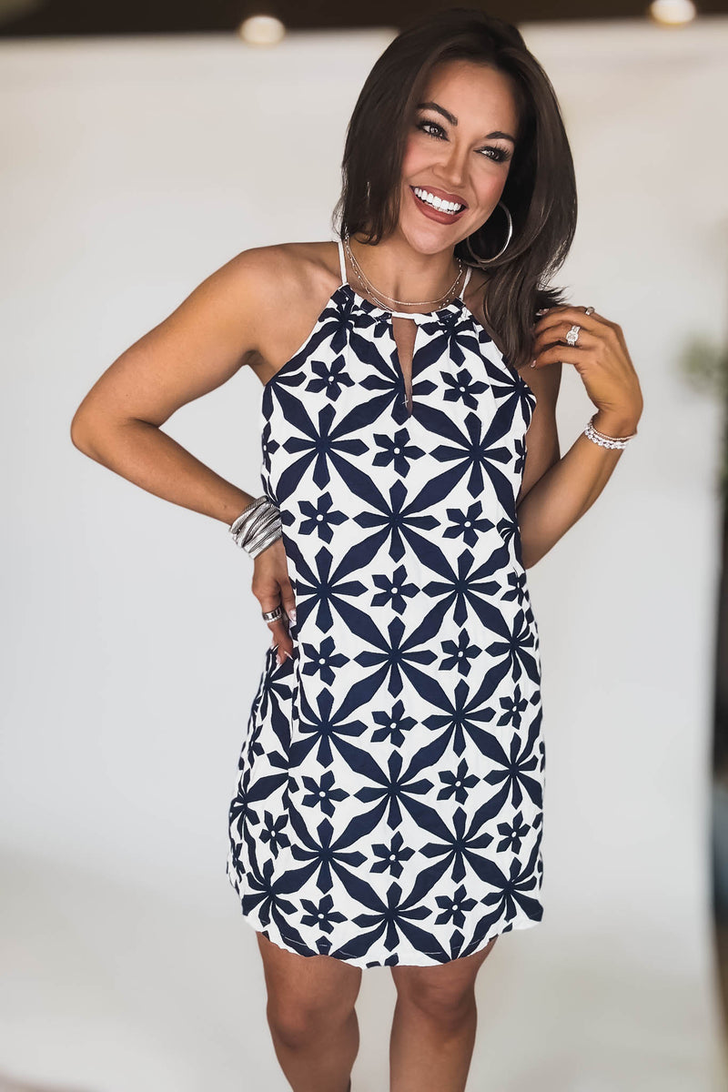 Navy Embroidered Halter Dress