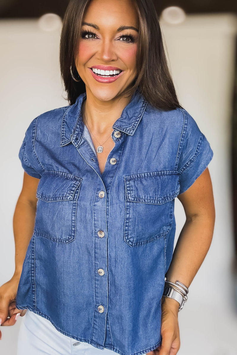 Chambray Collared Pocket Flap Button Down Shirt