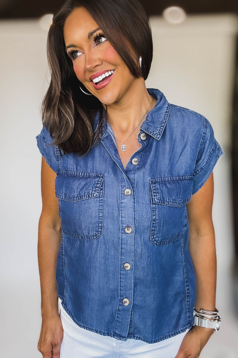 Chambray Collared Pocket Flap Button Down Shirt