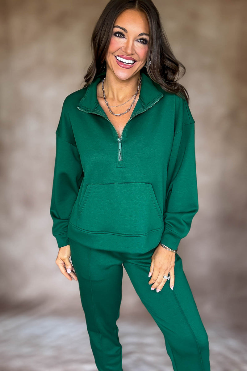 Easy Does It Dark Green Scuba Half Zip Sweatshirt