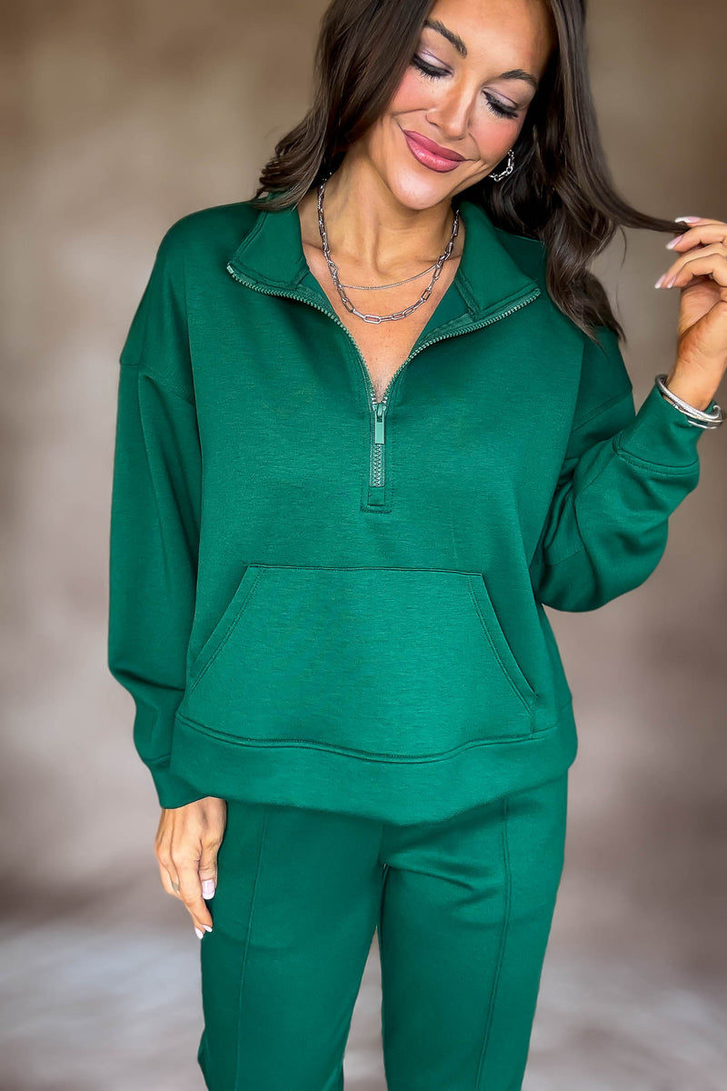 Easy Does It Dark Green Scuba Half Zip Sweatshirt