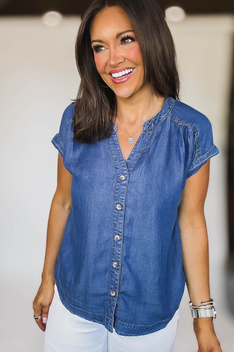 Dark Chambray Button Down Short Sleeve Top