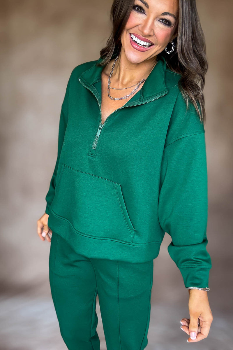 Easy Does It Dark Green Scuba Half Zip Sweatshirt