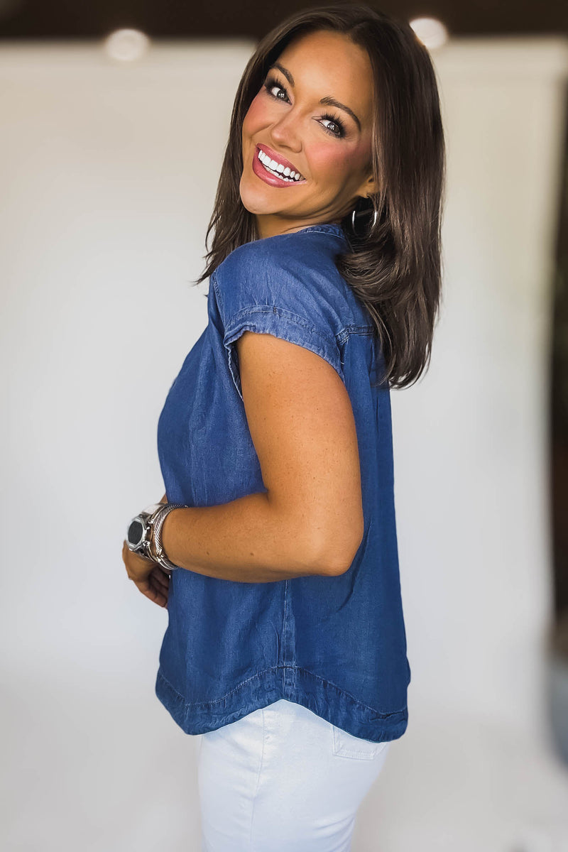 Dark Chambray Button Down Short Sleeve Top