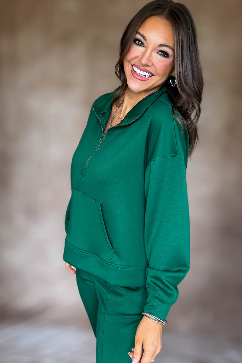 Easy Does It Dark Green Scuba Half Zip Sweatshirt