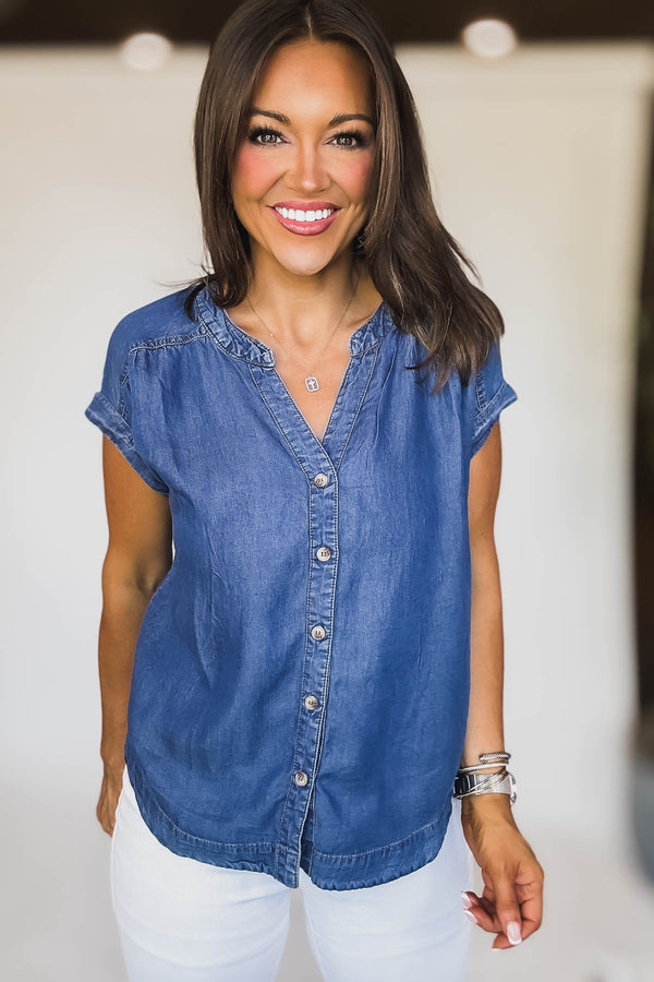 Dark Chambray Button Down Short Sleeve Top