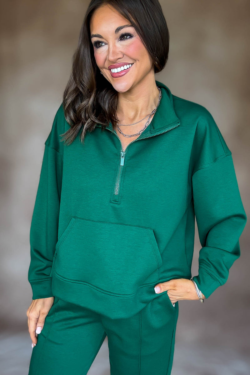 Easy Does It Dark Green Scuba Half Zip Sweatshirt