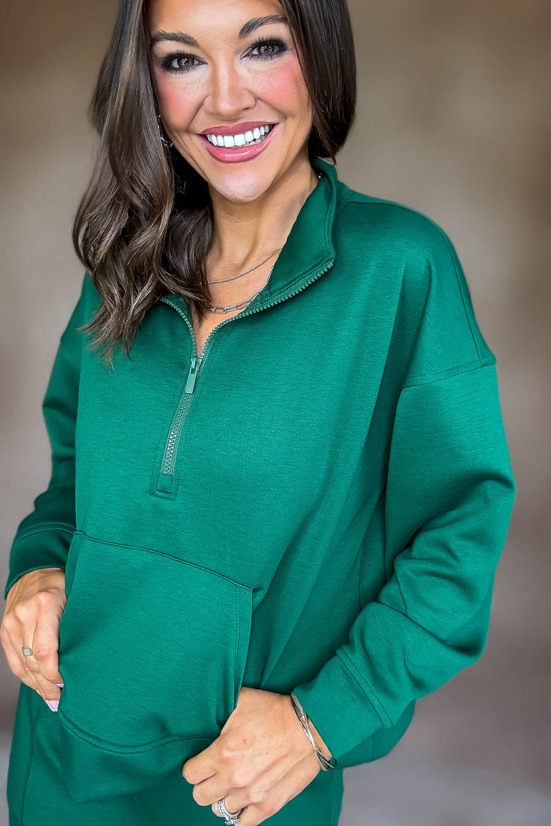 Easy Does It Dark Green Scuba Half Zip Sweatshirt