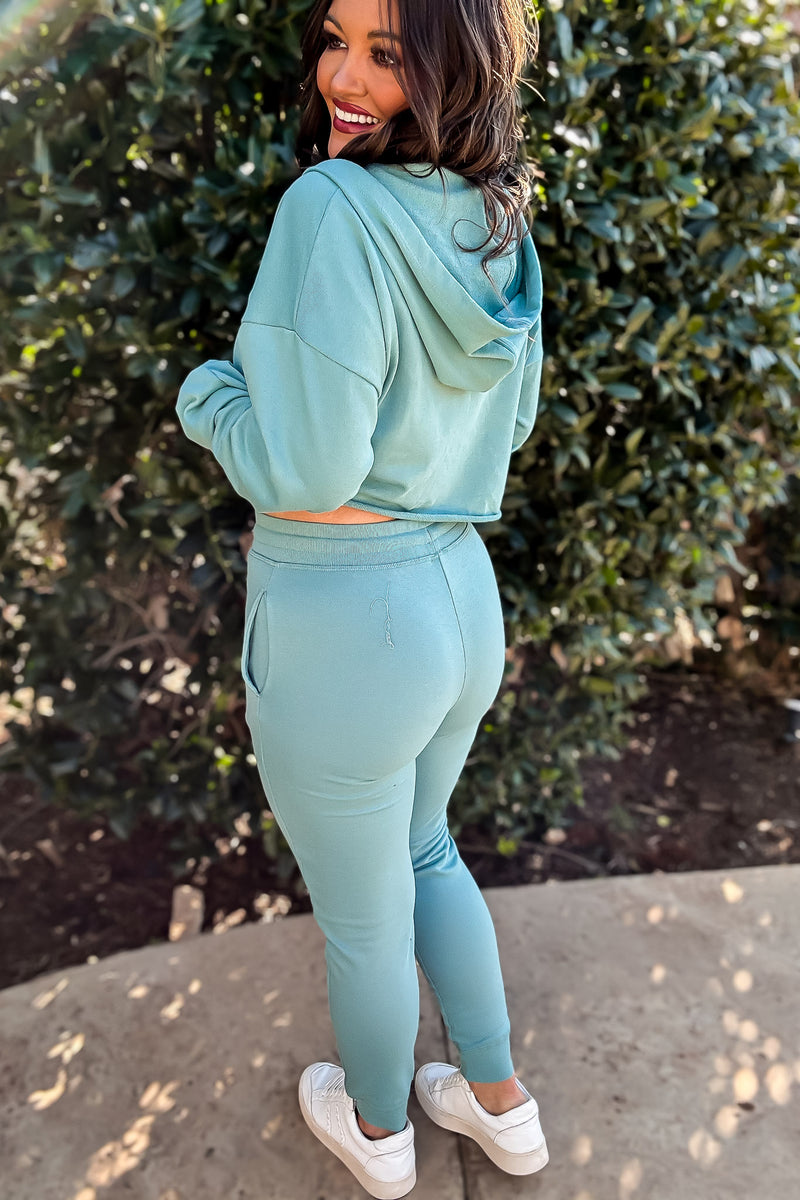 Mono B Grey Teal Crop Hoodie Zip-Up French Terry Jacket