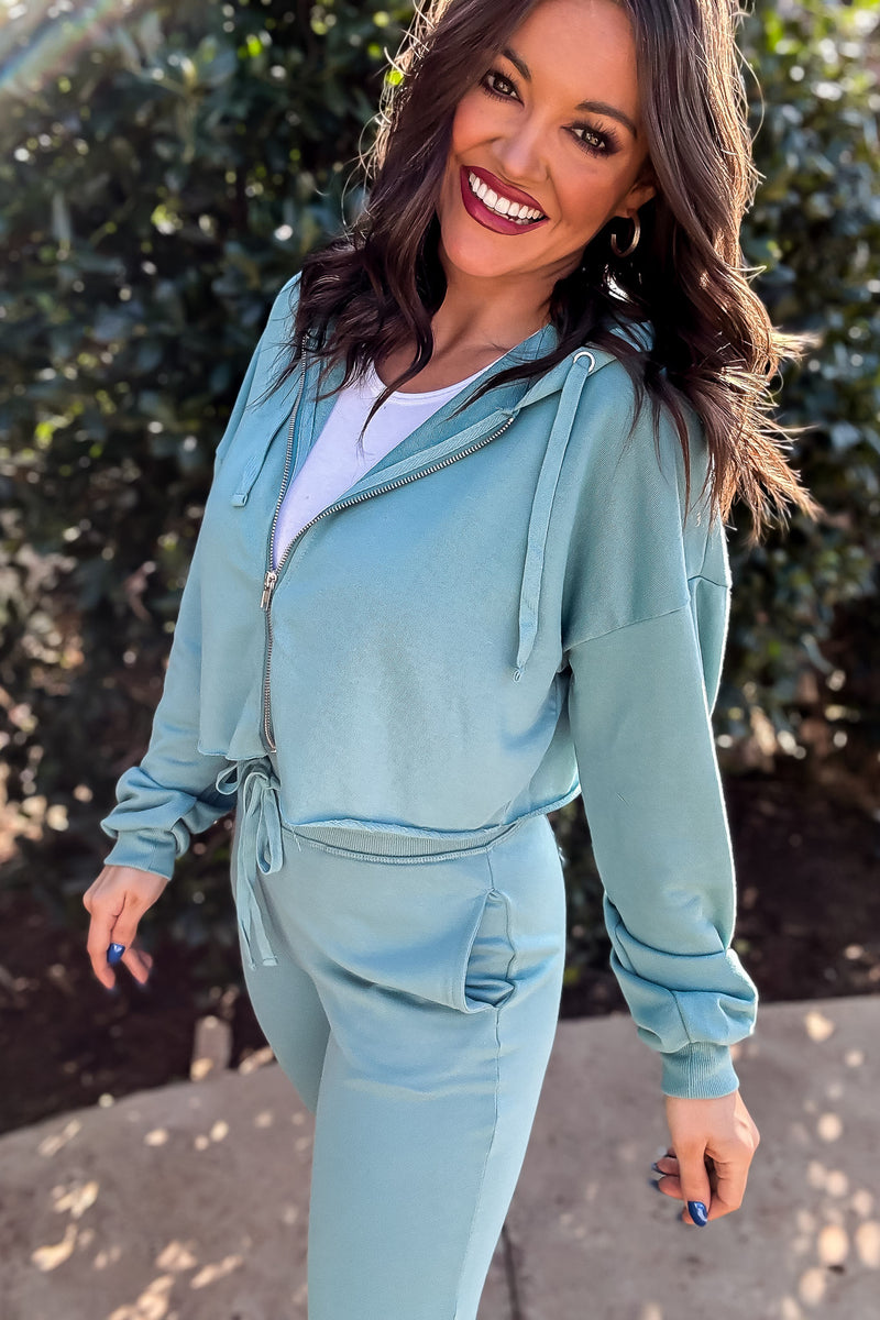 Mono B Grey Teal Crop Hoodie Zip-Up French Terry Jacket