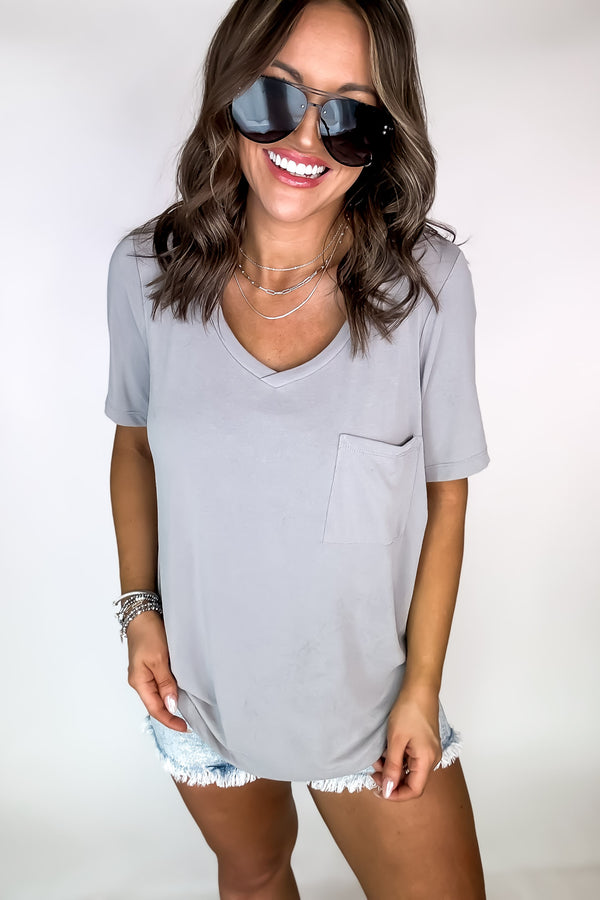 Framing My World Grey Knit Solid Jersey Basic V-Neck T-Shirt