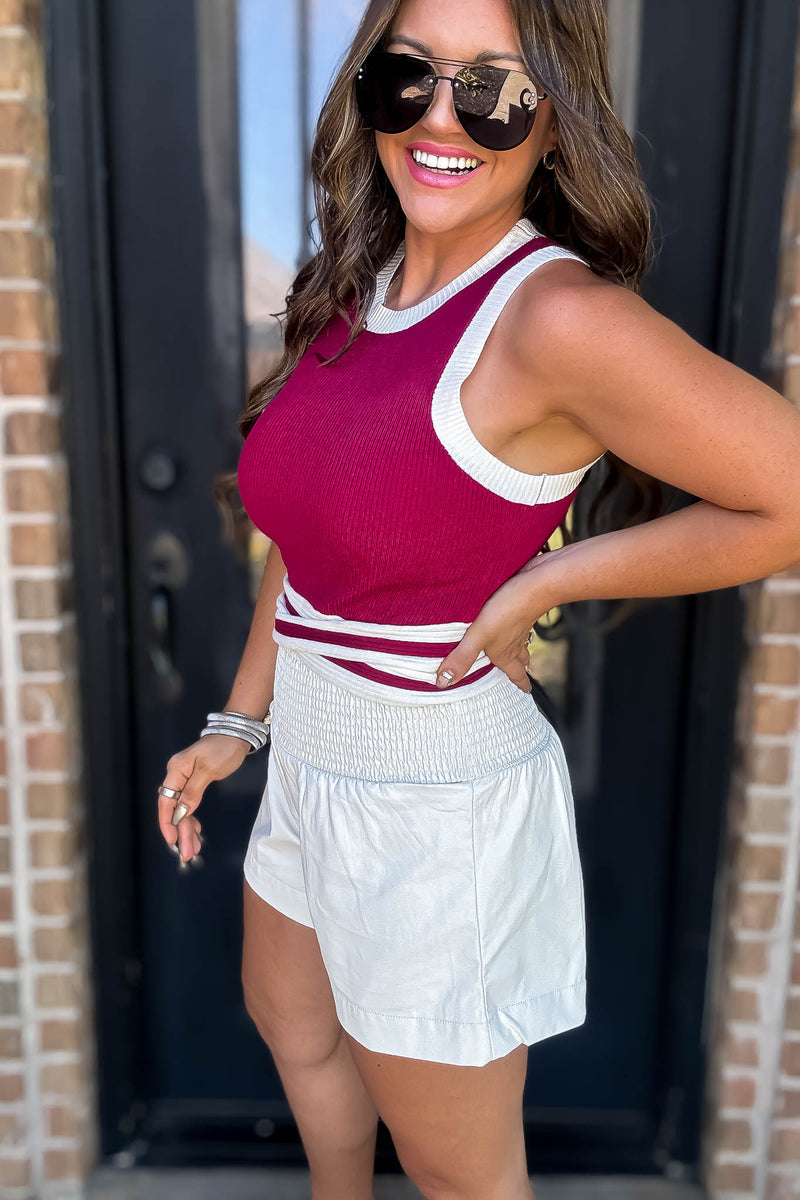 Sleeveless Crimson Ribbed Tank Top
