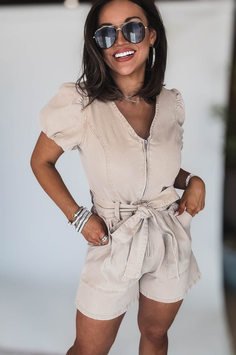 Tan Washed Zip Up Puff Short Sleeve Romper
