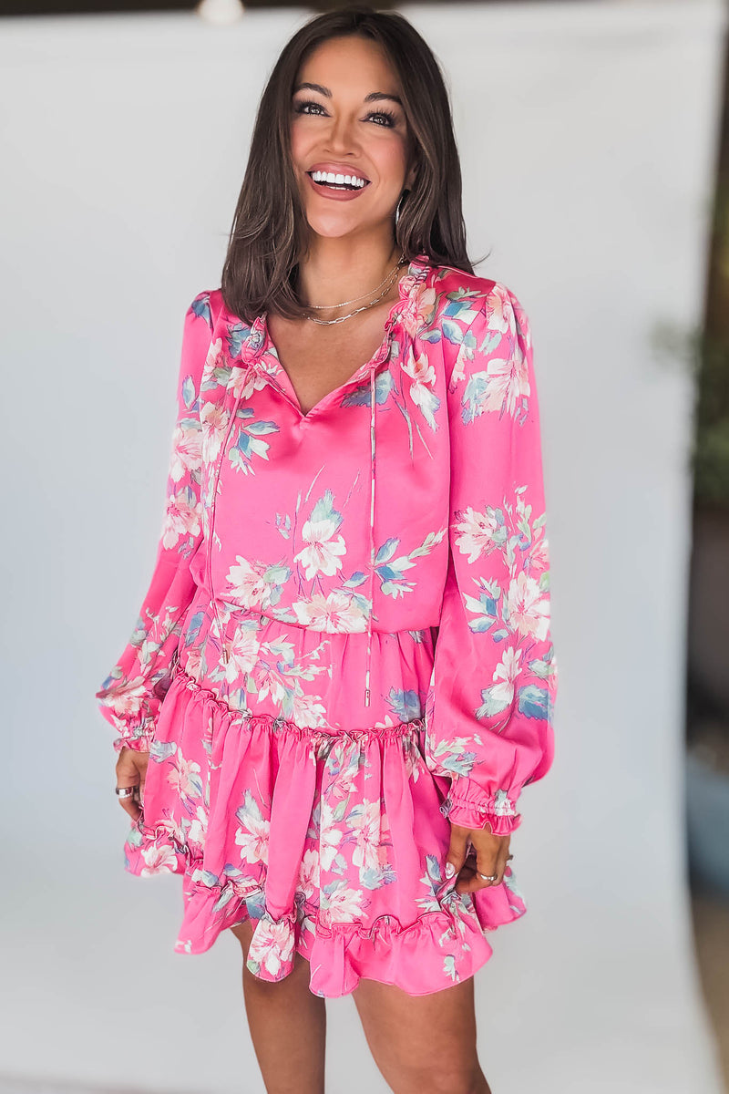 Pink Magnolia Long Sleeve Floral Print Mini Dress