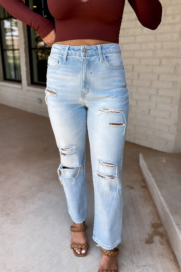 Super High Rise Distressed Crop Straight Jeans