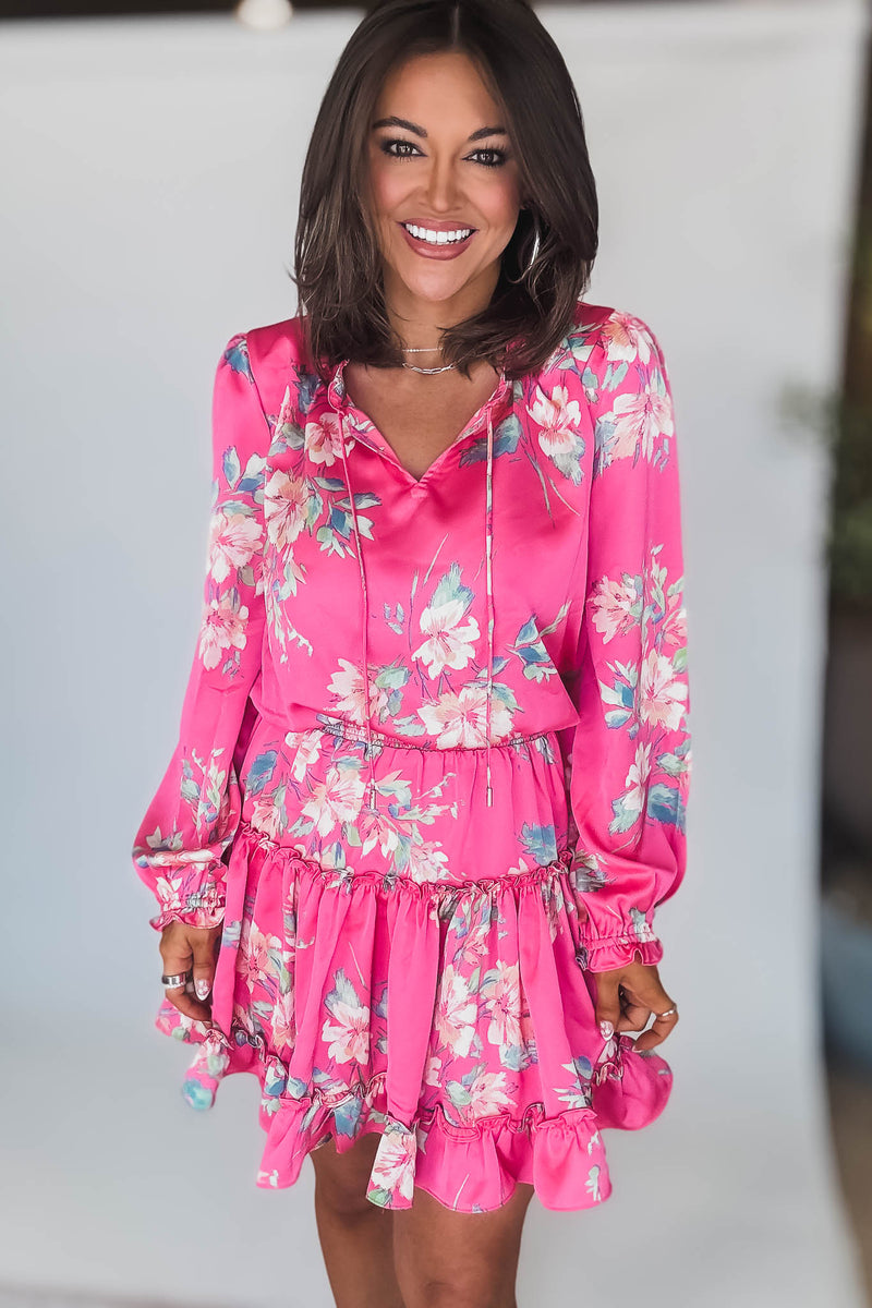 Pink Magnolia Long Sleeve Floral Print Mini Dress