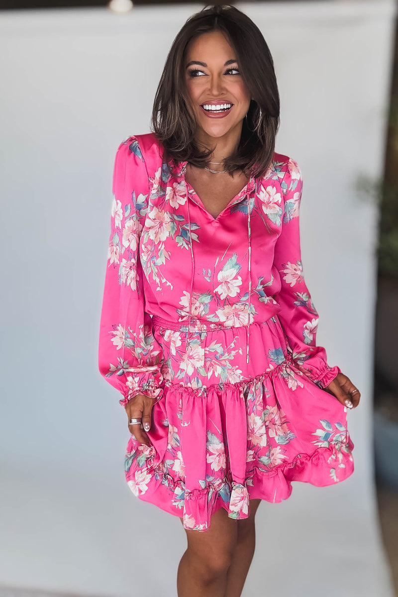 Pink Magnolia Long Sleeve Floral Print Mini Dress