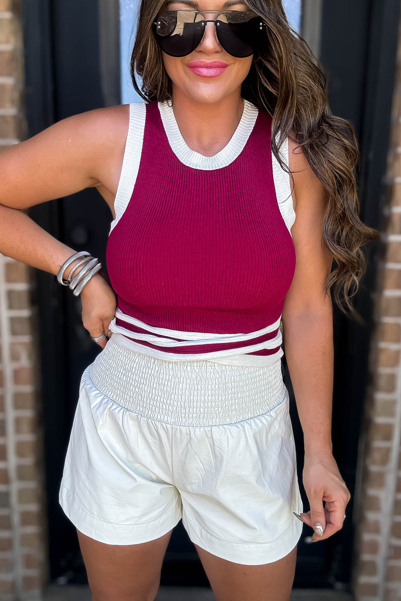 Sleeveless Crimson Ribbed Tank Top