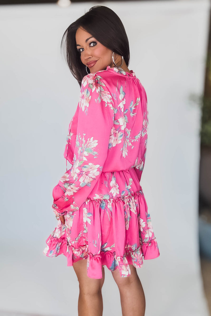 Pink Magnolia Long Sleeve Floral Print Mini Dress