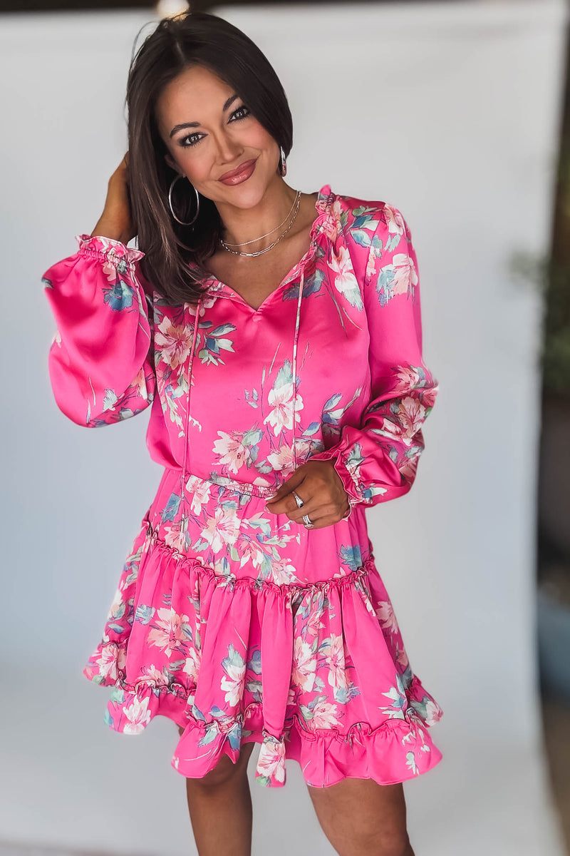 Pink Magnolia Long Sleeve Floral Print Mini Dress