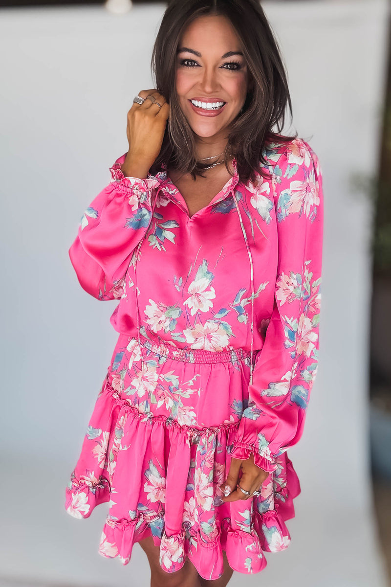 Pink Magnolia Long Sleeve Floral Print Mini Dress
