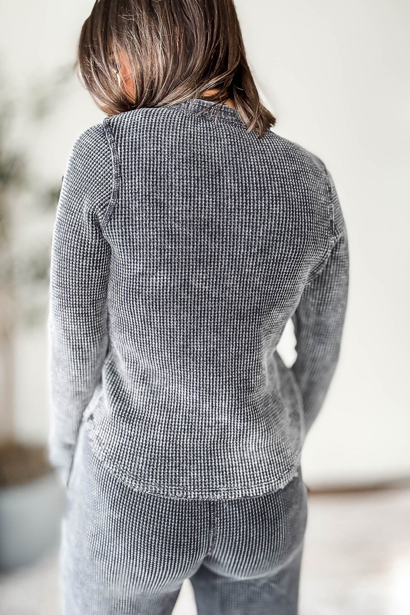 Distressed Black Mineral-Washed Long Sleeve Top