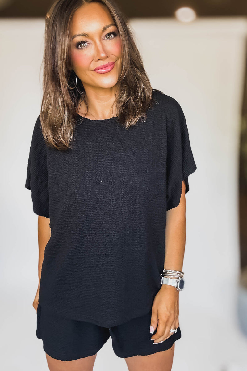 Black Textured Knit Loose Fit Top