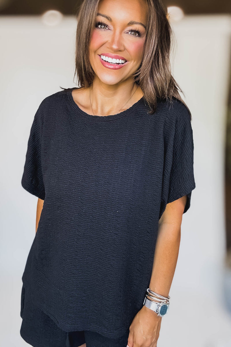 Black Textured Knit Loose Fit Top