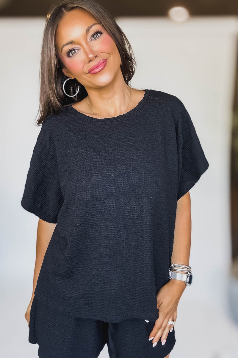 Black Textured Knit Loose Fit Top