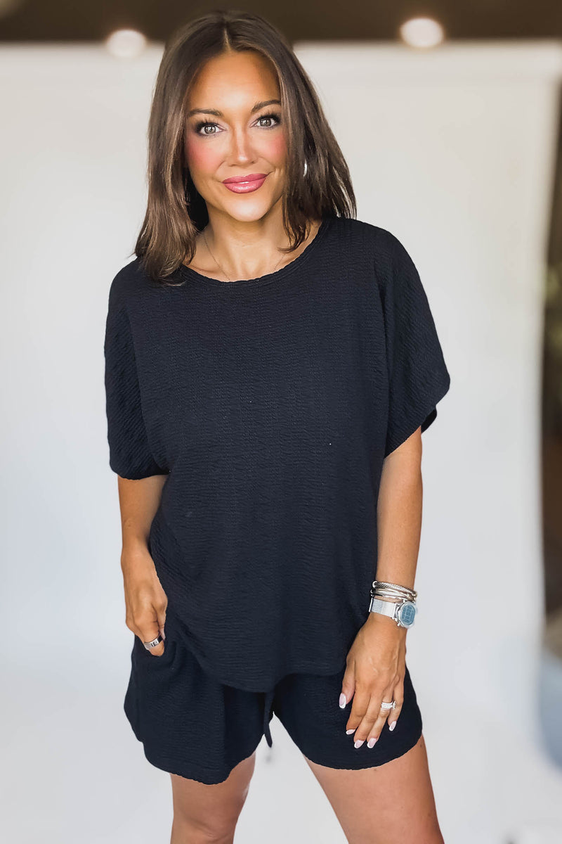 Black Textured Knit Loose Fit Top