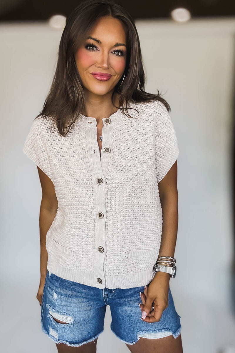 Button Down Light Khaki Short Sleeve Knit Cardigan Vest
