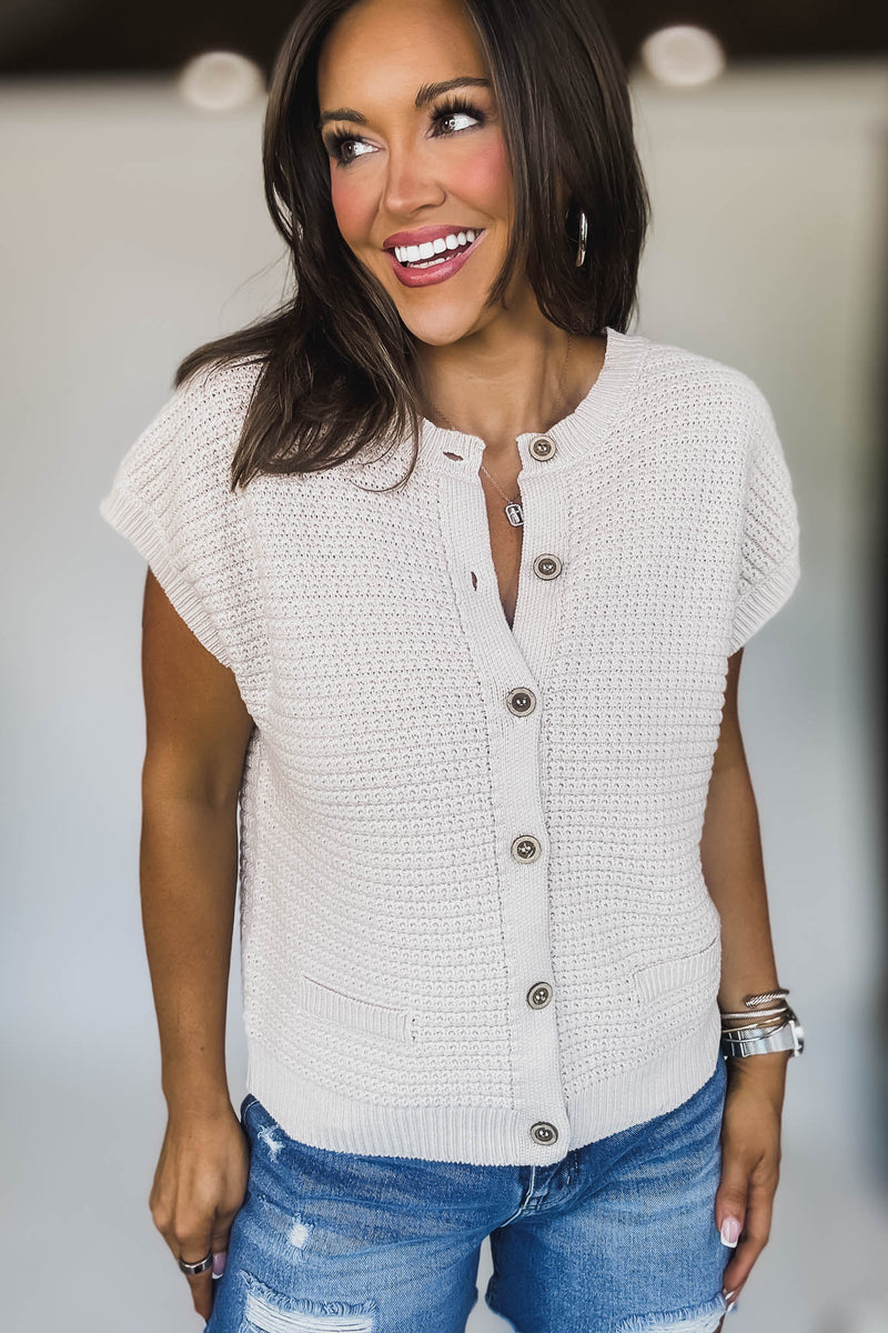 Button Down Light Khaki Short Sleeve Knit Cardigan Vest